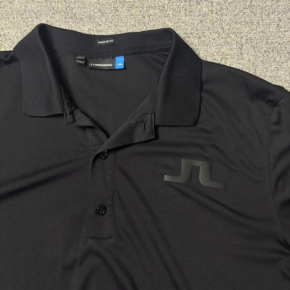 J.Lindeberg Polo Shirt Mens L Big Bridge Reg TX Jersey Black Logo Short Sleeve